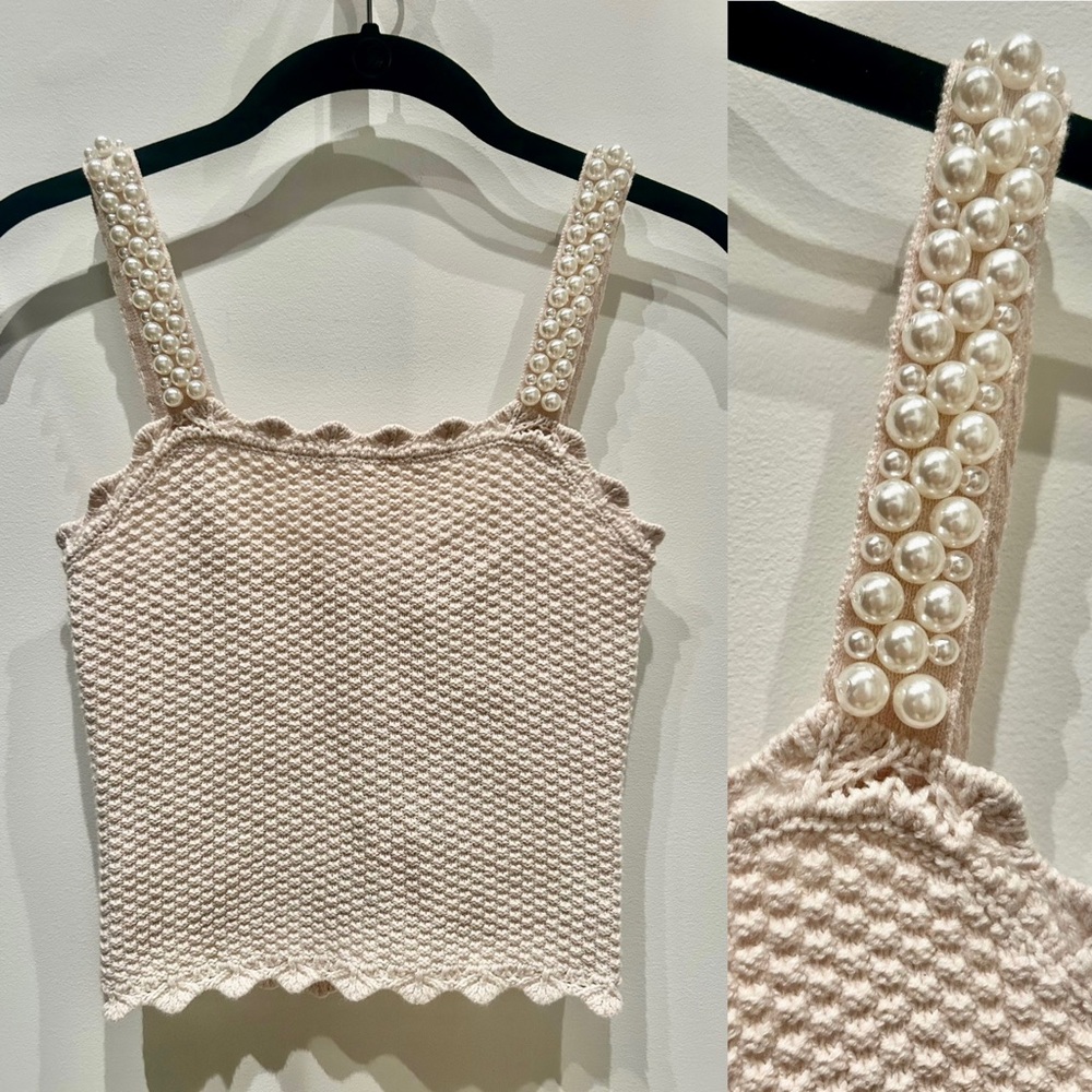 Alice + Olivia Knit Crop Top With Pearl Straps